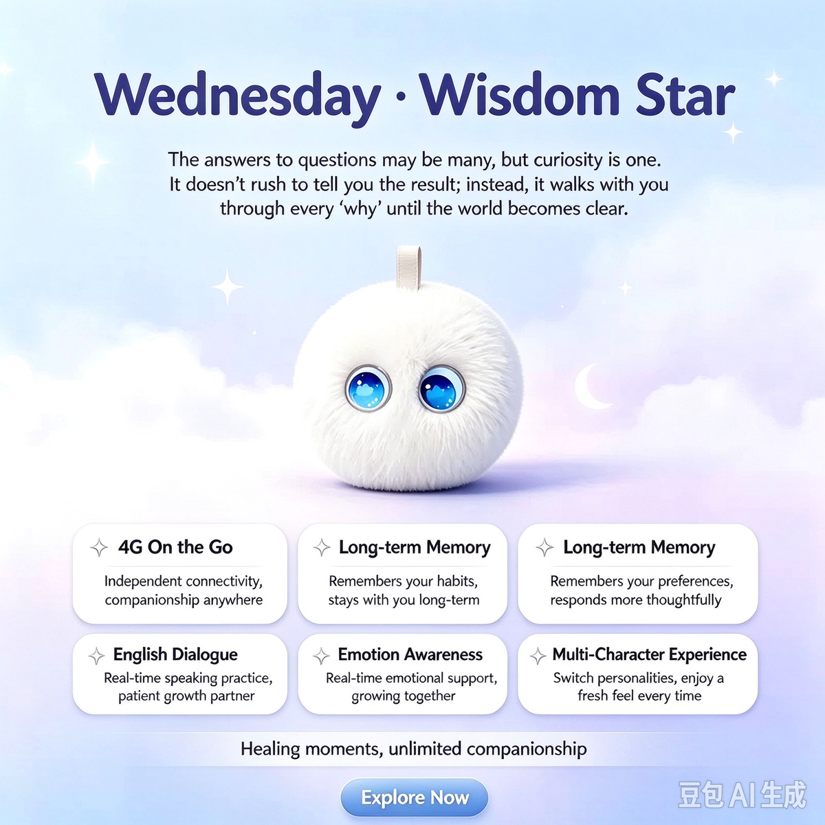 Portable White Fluffy AI Smart Companion Plush Toy, 4G Connected Emotional Sensing Talking Plush Keychain