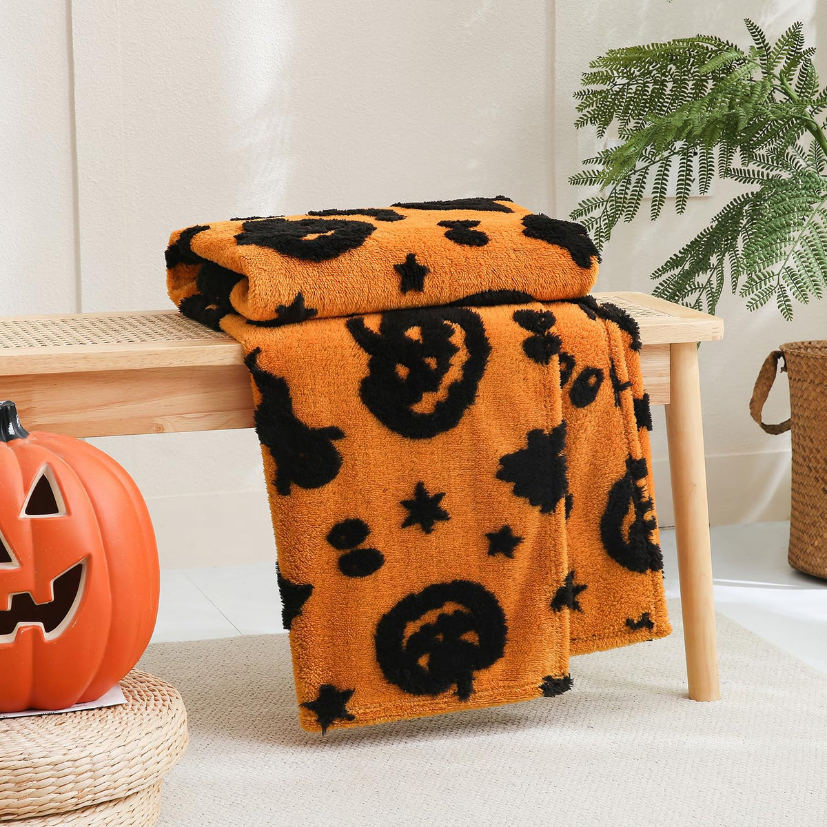 SOCHOW Halloween Jacquard Throw Blanket, Fuzzy Soft Cozy Warm Pumpkin Ghost Fall Decor Holiday Blanket for Couch, Sofa and Bed, 50 x 60 Inches, Orange/Black