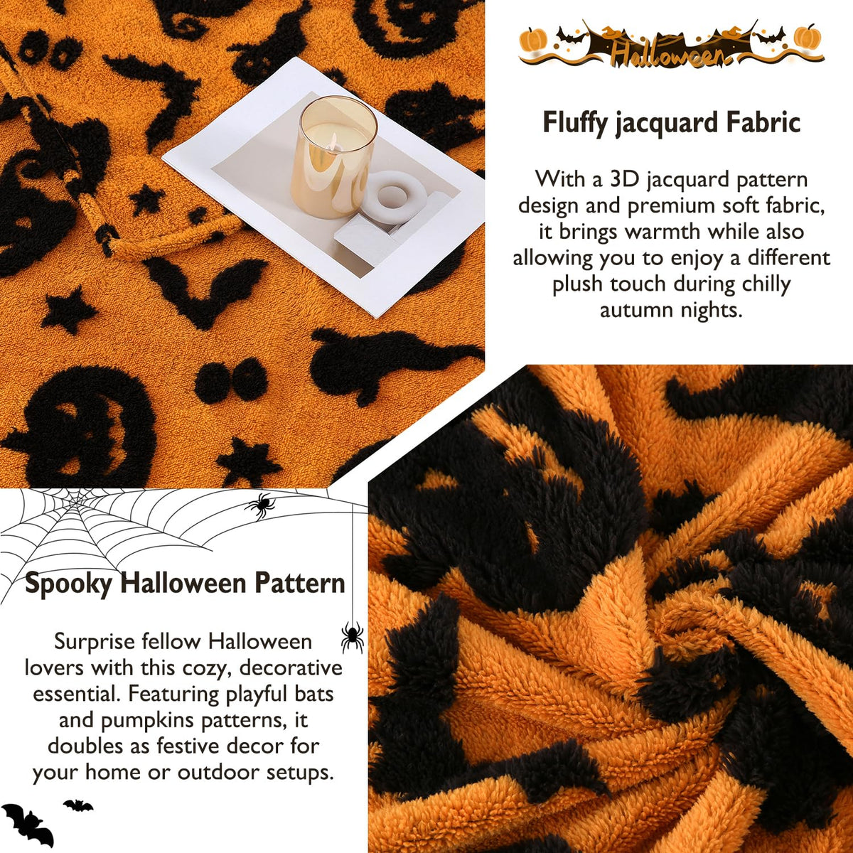 SOCHOW Halloween Jacquard Throw Blanket, Fuzzy Soft Cozy Warm Pumpkin Ghost Fall Decor Holiday Blanket for Couch, Sofa and Bed, 50 x 60 Inches, Orange/Black