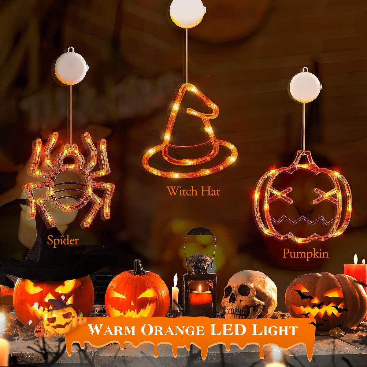 Set Of 3 Pack Halloween Window Light Spider Witch Hat Pumpkin With Orange Light Hanging Halloween Decoration Light With Suction Cup Hanging Holes