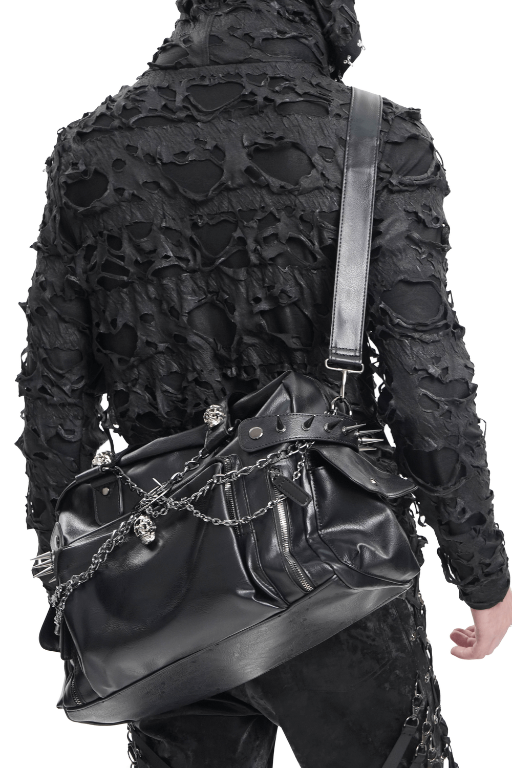 Gothic Chain Embellished Black Tote Bag with Spikes