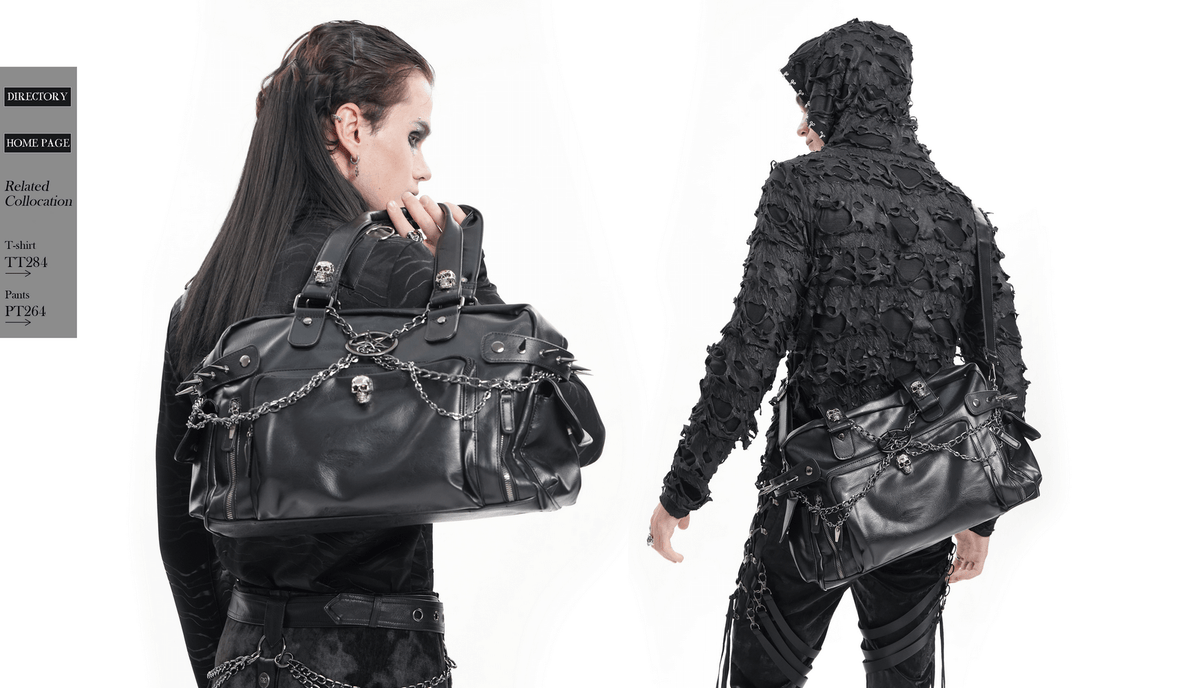 Gothic Chain Embellished Black Tote Bag with Spikes